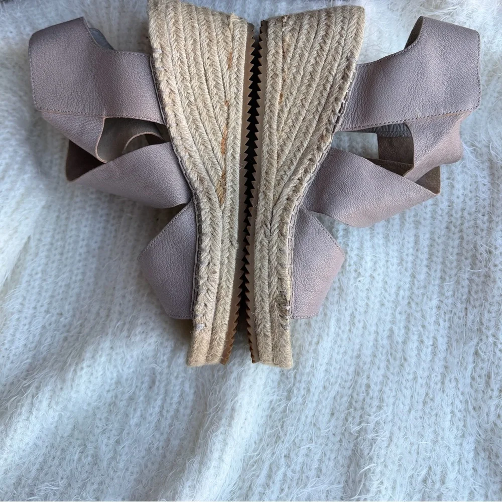 Eileen Fisher Tan Espadrille Wedge Sandals leather upper‎ & jute wrapped Sz-8. S